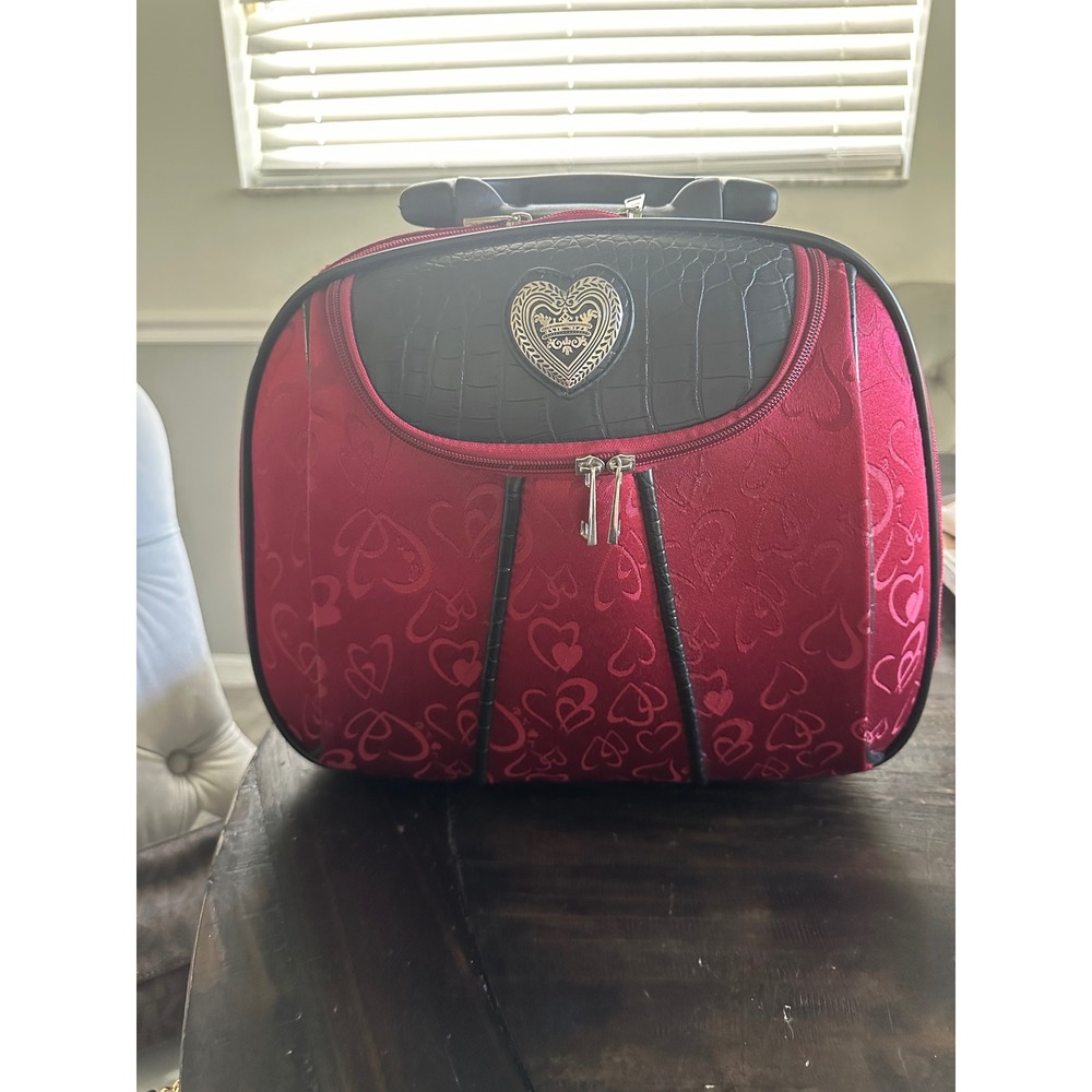 Vintage Brighton Red Heart Jacquard Travel Vanity Case Croc Trim Cosmetic Bag